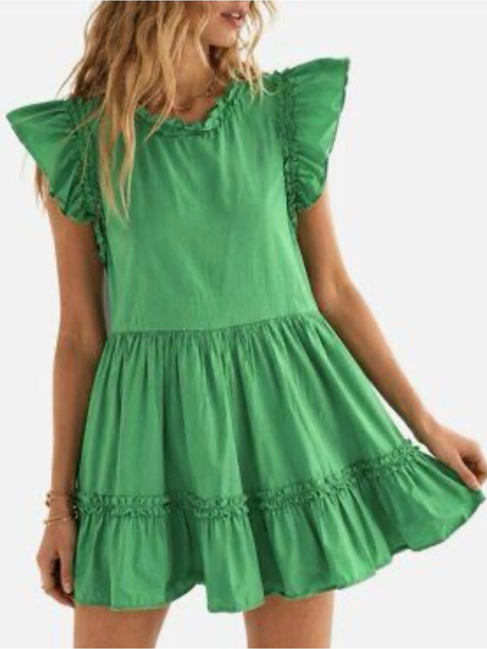 House of Harlow 1960 Green Ruffle Flutter Sleeve Tiered Cotton Mini Dress S